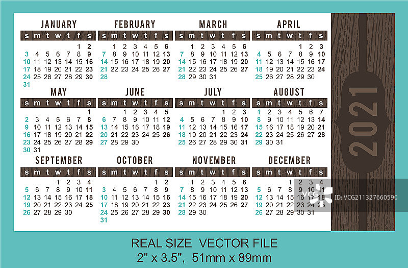 2021年袖珍日历周日开始图片素材