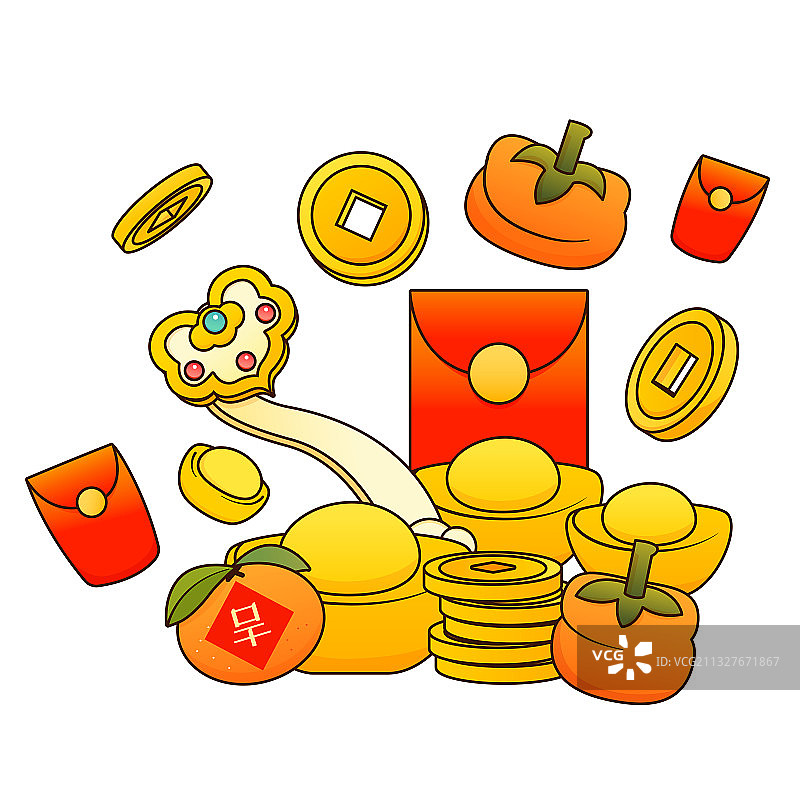 红包金币元宝如意柿子吉祥装饰图案元素图片素材