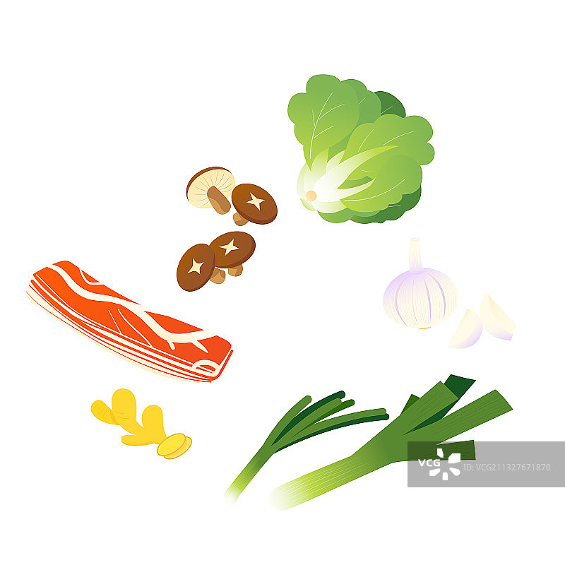 大葱香菇五花肉小白菜大蒜姜食材矢量插画元素图片素材