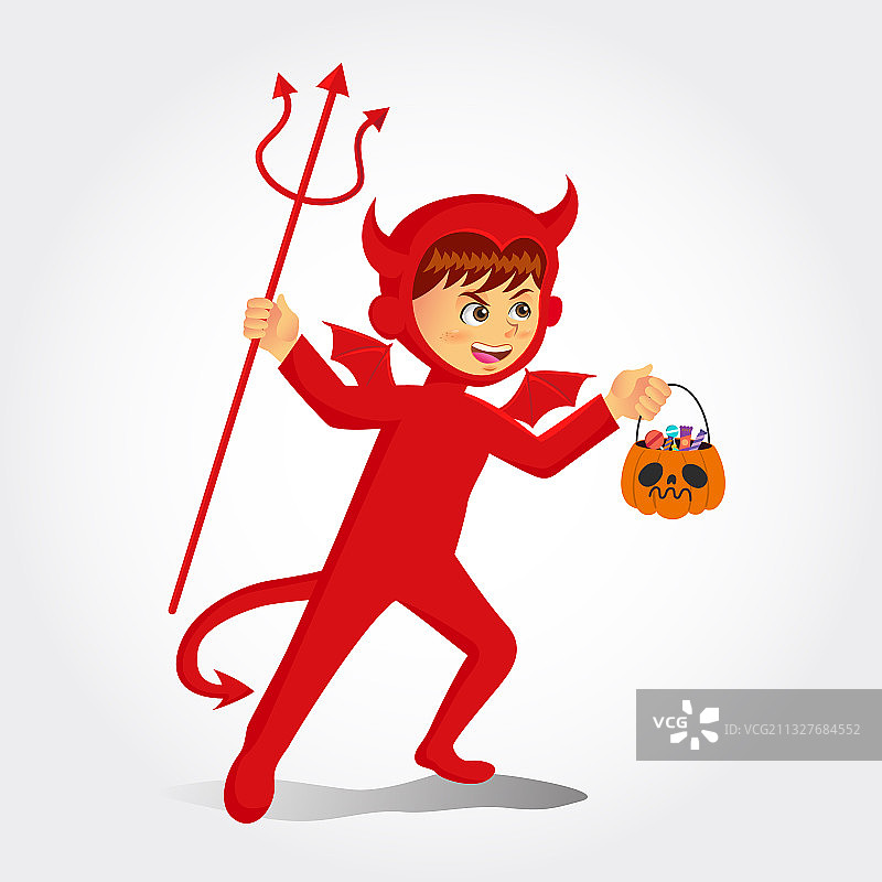 手捧南瓜的可爱卡通恶魔男孩图片素材