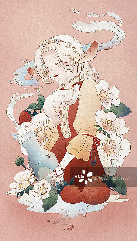 喜欢吃草莓抱着瓶子的精灵图片素材