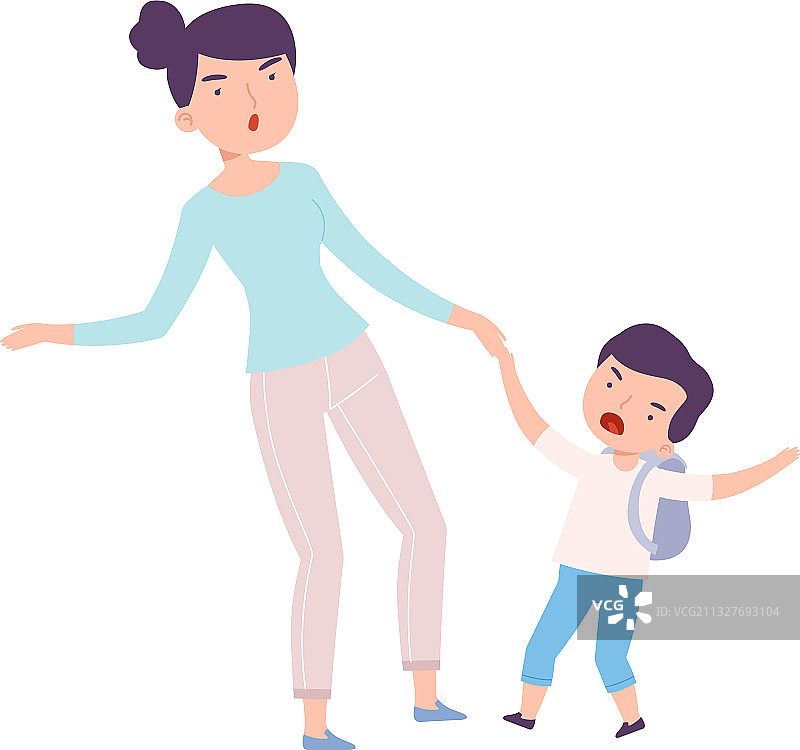 母亲陪同哭泣的儿子上学图片素材