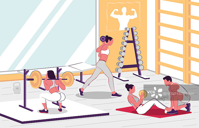 卡通人物在健身房锻炼图片素材