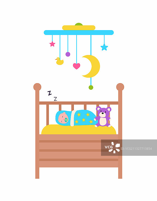 婴儿床上的新生儿和玩具图片素材