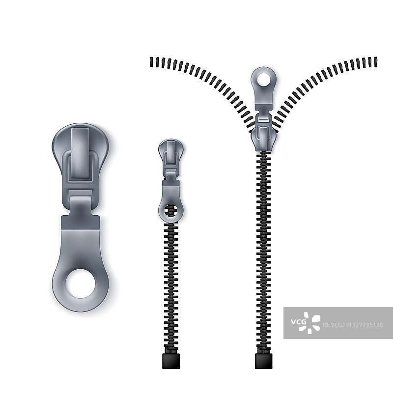 白色背景上隔离的闭合和打开的拉链套装图片素材