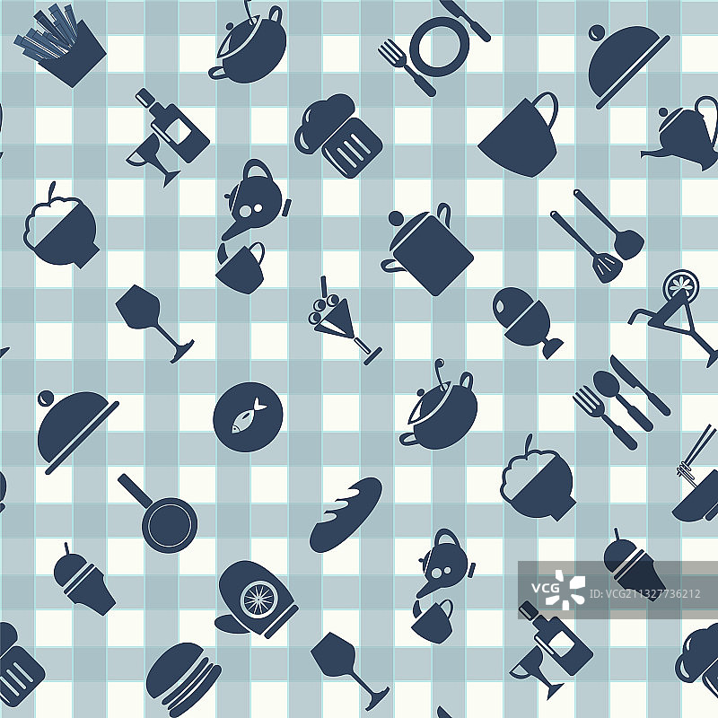 格子图案上的厨房用具和餐厅用具图片素材