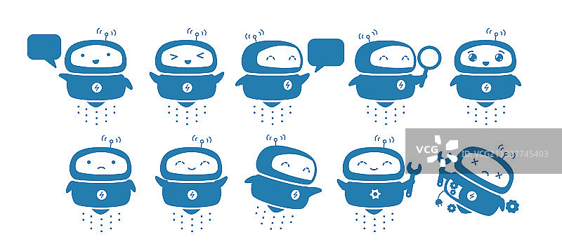 有趣的机器人吉祥物角色套装支持服务图片素材