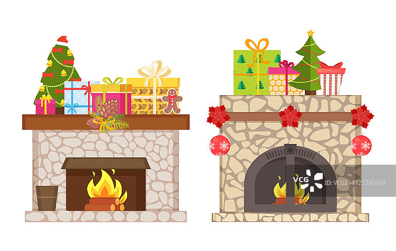 带礼物和礼品盒的圣诞壁炉图片素材