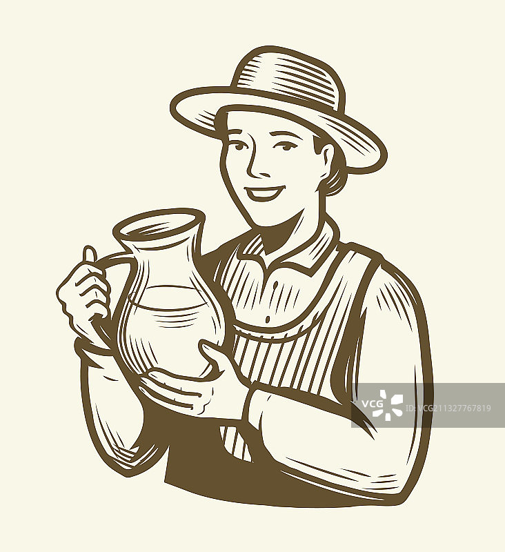 拿着牛奶壶的年轻漂亮女人，在奶牛场图片素材