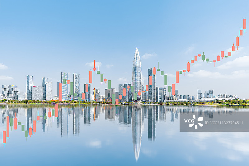深圳城市建筑天际线繁华景色和股票金融走势概念图片素材