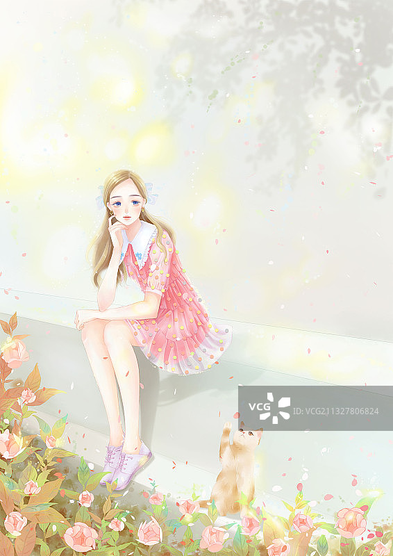 夏日午后少女与猫温馨时光图片素材