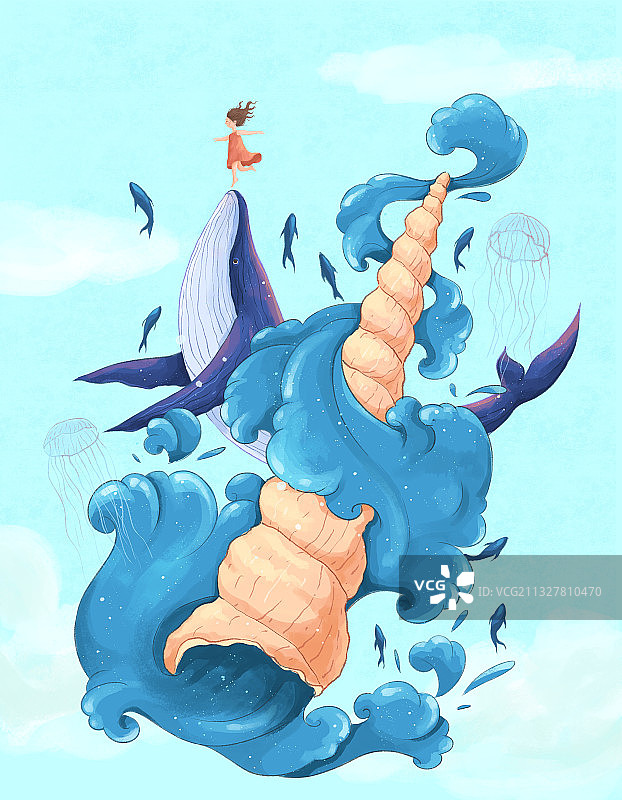 鲸鱼和女孩创意海洋插画二图片素材