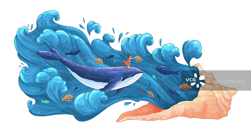 鲸鱼和女孩创意海洋插画三白底图片素材