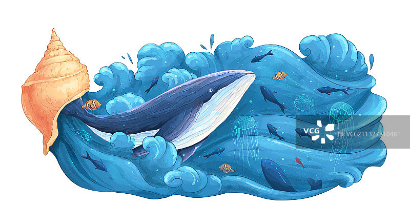 鲸鱼和海浪创意海洋插画白底图片素材