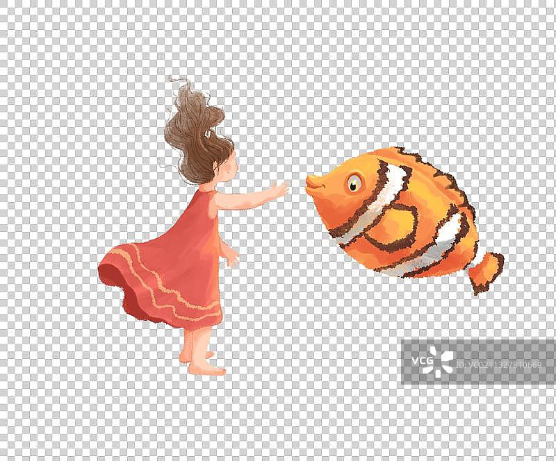 女孩和小丑鱼插画图片素材