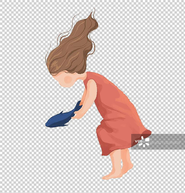 女孩和小鱼插画图片素材