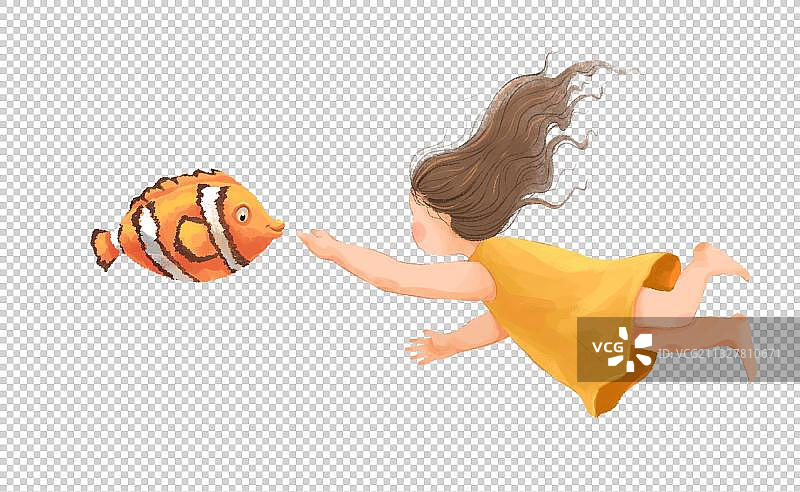 女孩和小丑鱼插画二图片素材