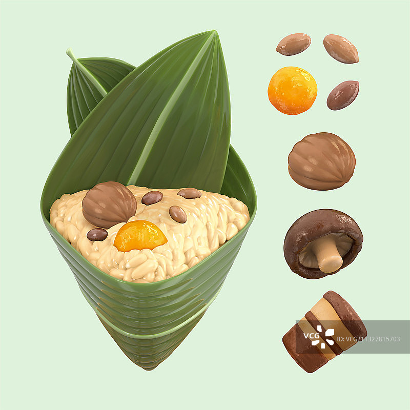 3D立体美味肉粽与馅料素材图片素材