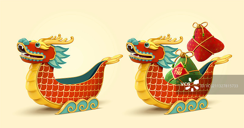 端午节3D龙舟与香囊素材图片素材