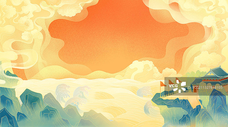 祥云青山云海江河宫殿国潮插画图片素材