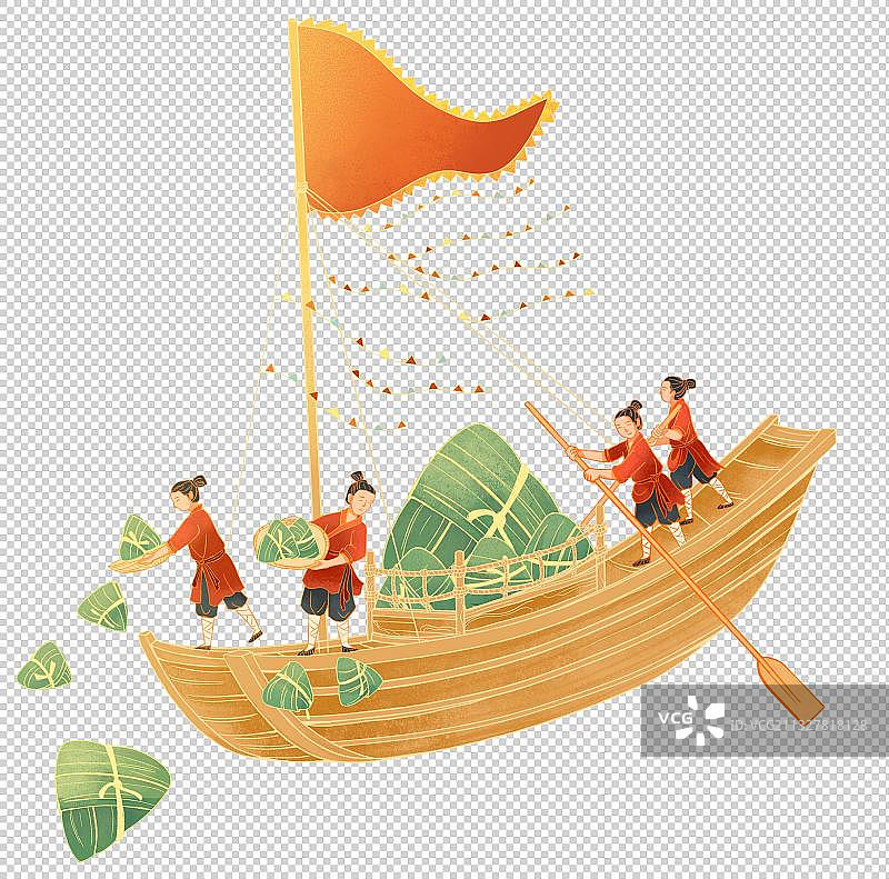 端午节船上古装人物撒粽子国潮插画图片素材