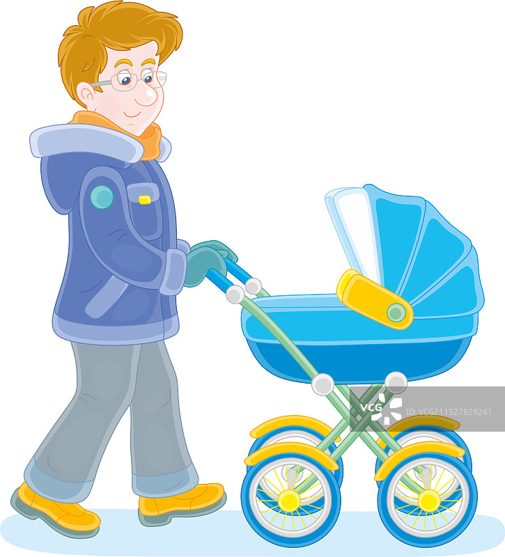 年轻的父亲推着婴儿车散步图片素材