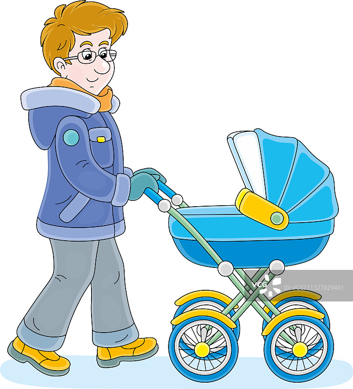 年轻的父亲推着婴儿车散步图片素材