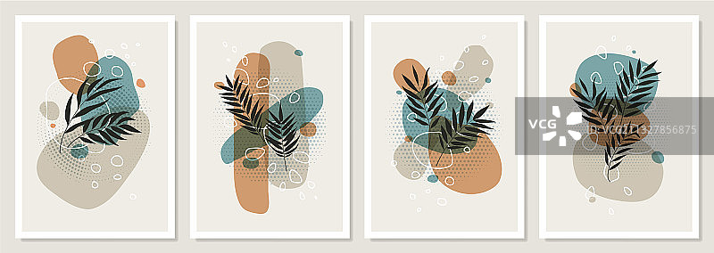 热带树叶和彩色拼贴组合图片素材