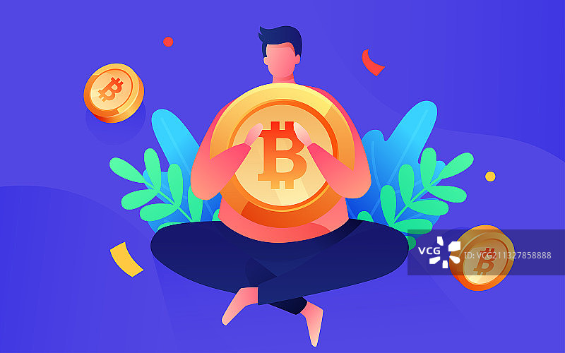 卡通人物抱着比特币上涨矢量概念插画背景图片素材