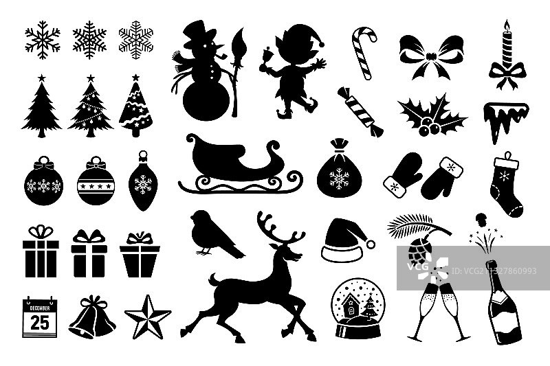 圣诞节黑色图标和轮廓合集图片素材