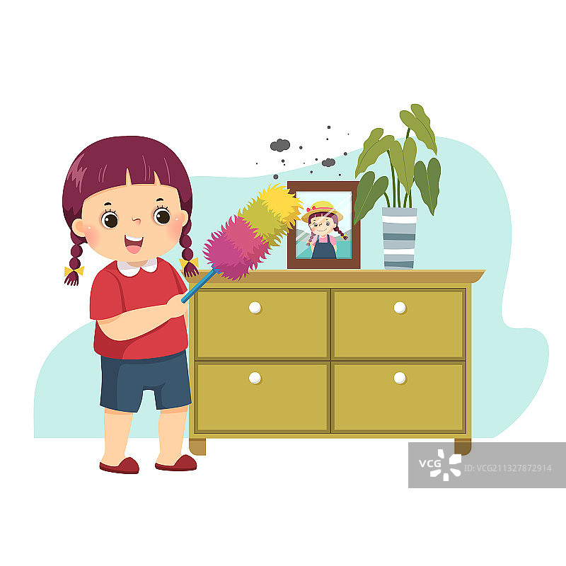 卡通小女孩擦拭柜子图片素材