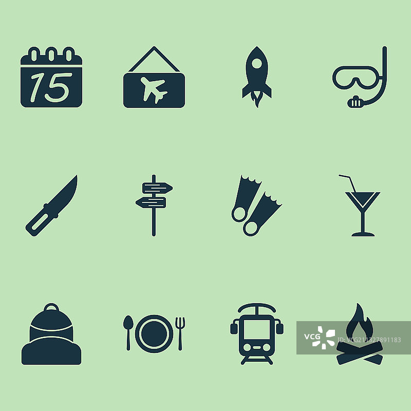 旅行图标合集，包含脚蹼、日历、鸡尾酒等元素图片素材