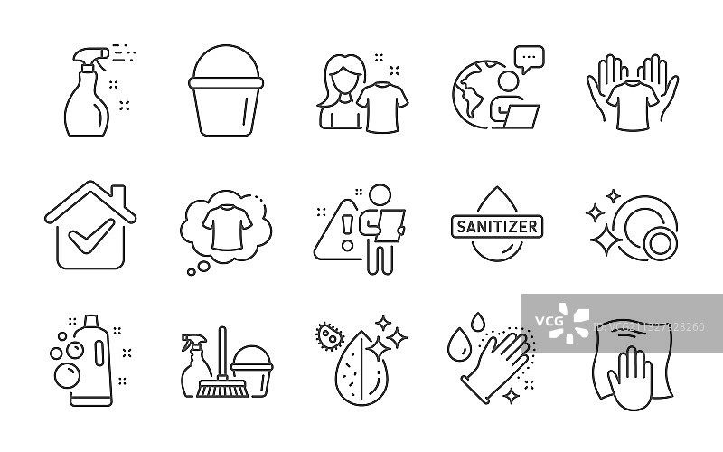 干净的泡沫洗手液和水桶图标集图片素材