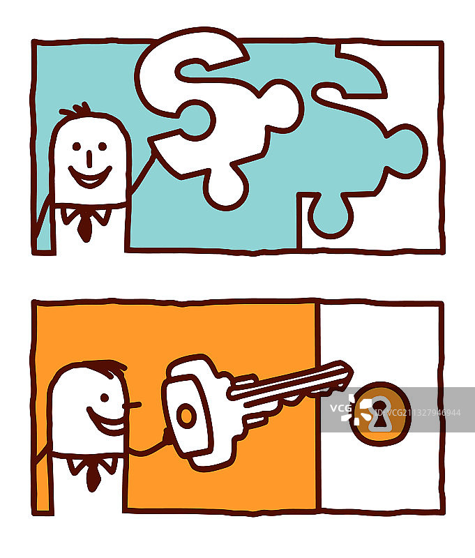 手绘卡通人物-拼图钥匙图片素材