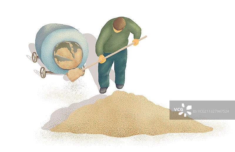 一位男性工人在户外铲沙子白色背景图片素材