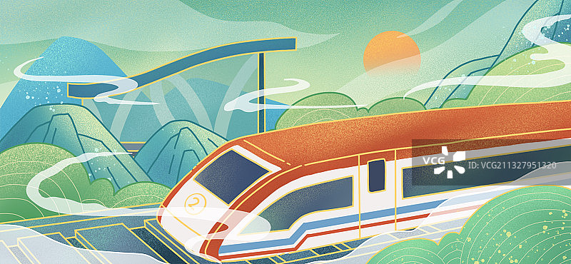 地铁轨道交通国潮风插画图片素材