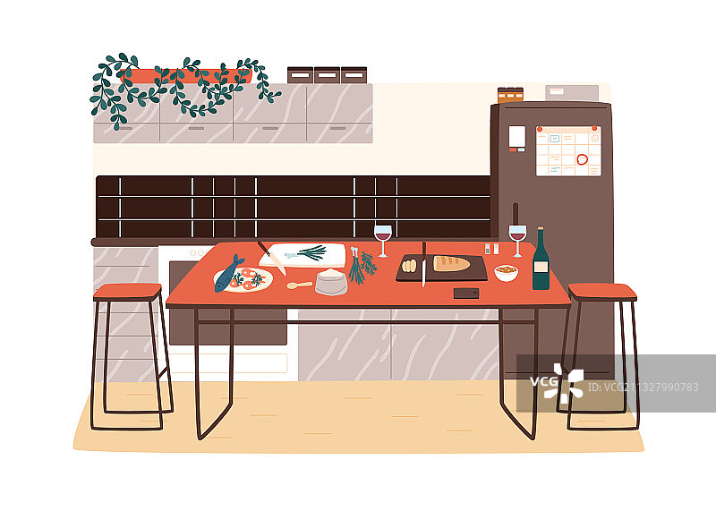 带现代餐桌的厨房内景图片素材