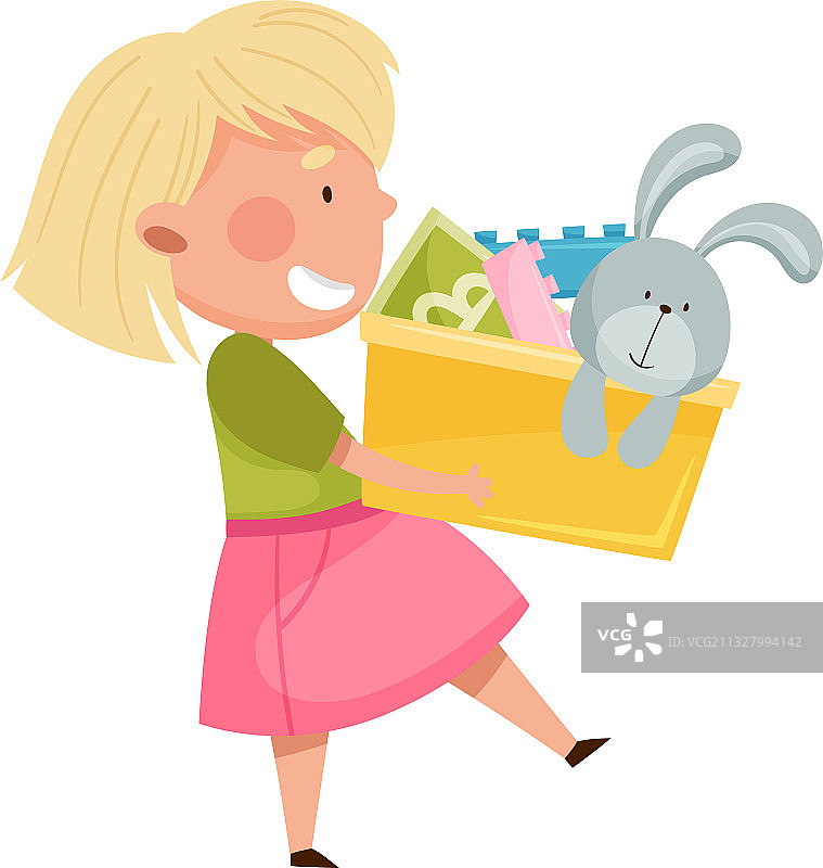 抱着玩具盒的红脸女孩图片素材