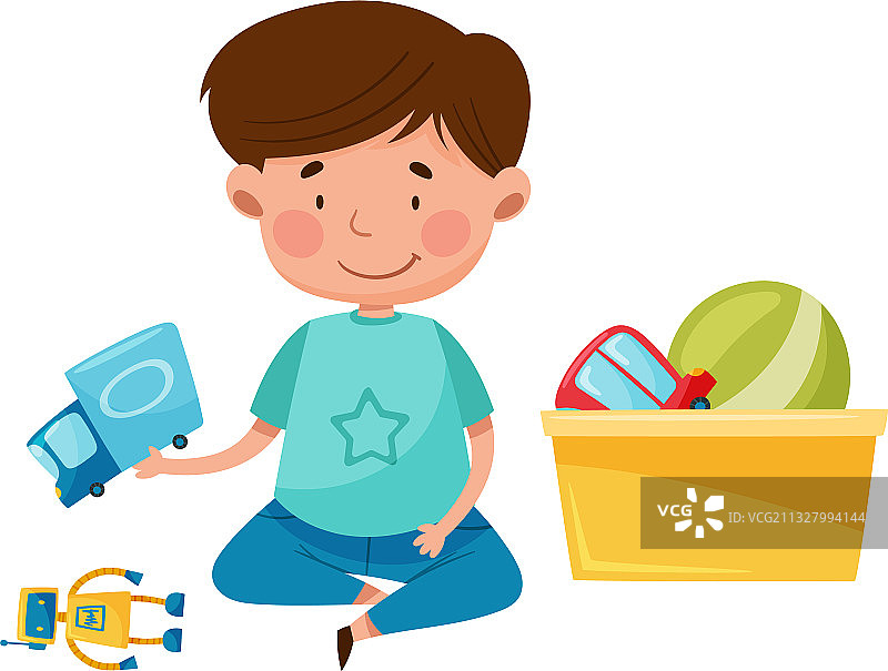 在游戏室地板上坐着的红脸男孩图片素材