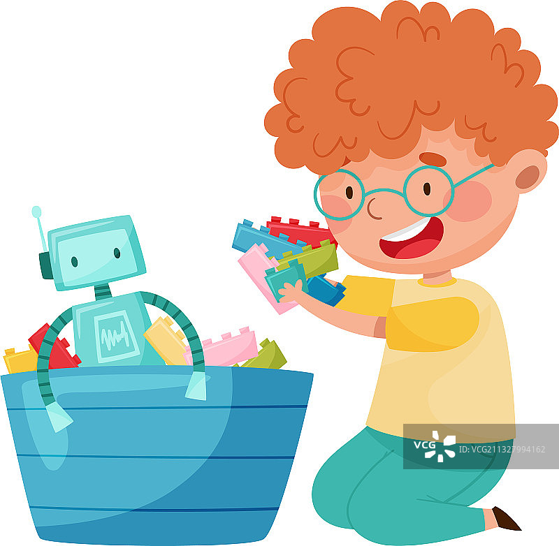 快乐的男孩在游戏室里玩玩具图片素材