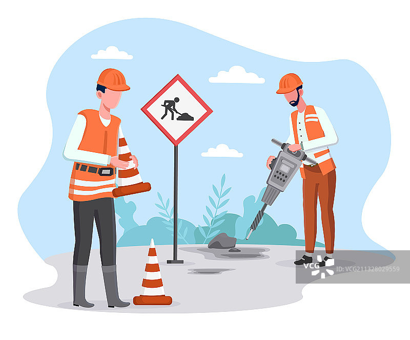 两名男人道路维修工正在修理沥青图片素材