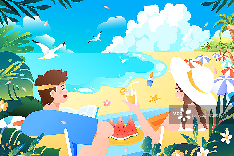 卡通情侣夏季夏天夏日出游旅游约会情人节美女防晒海边矢量插画图片素材