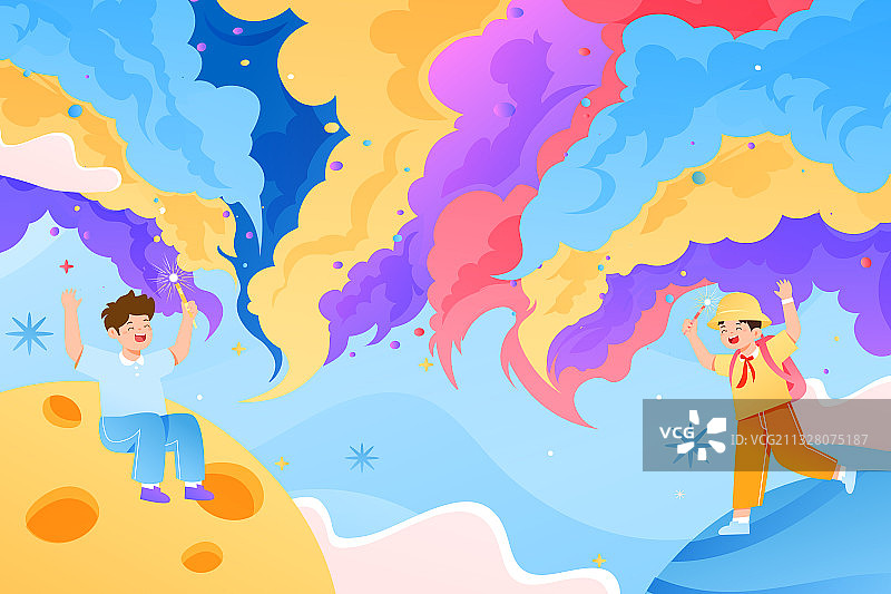 卡通夏天六一儿童节学生在线教育少儿宇宙宇航员科技概念矢量插画图片素材