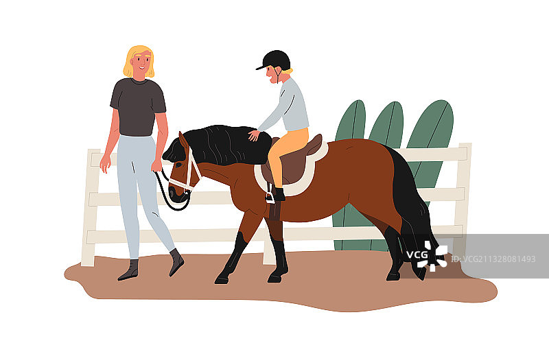 儿童在跑马场教练的指导下骑小马图片素材