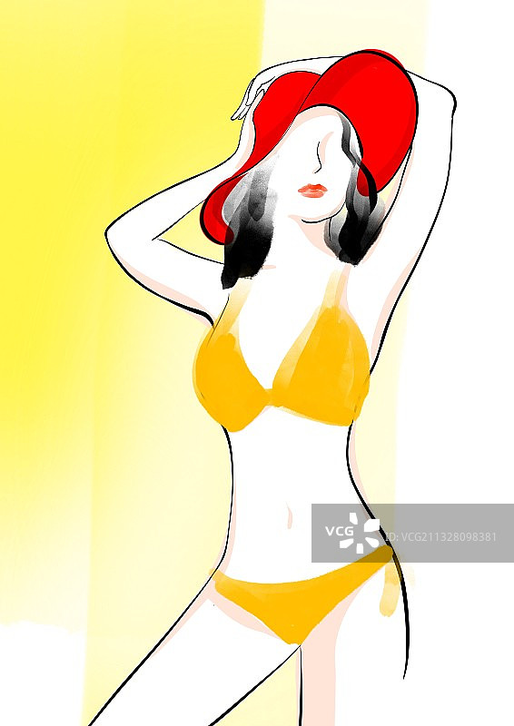 夏天清凉时尚手绘插画沙滩泳衣比基尼美女亚洲人物画图片素材