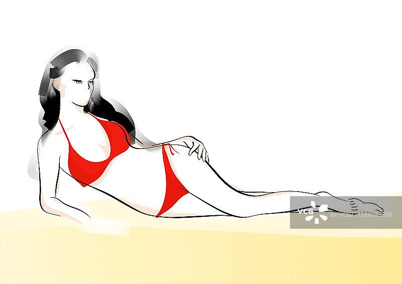 夏天清凉时尚手绘插画沙滩泳衣比基尼美女亚洲人物画图片素材