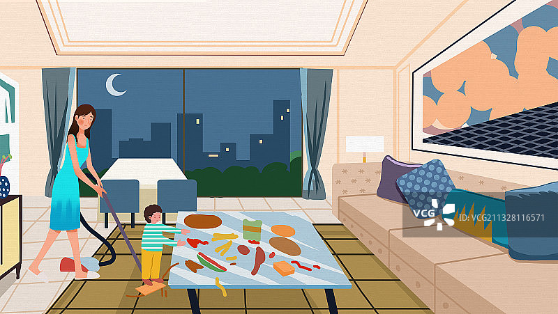扁平风家庭妇女在家做卫生夜晚室内插画图片素材