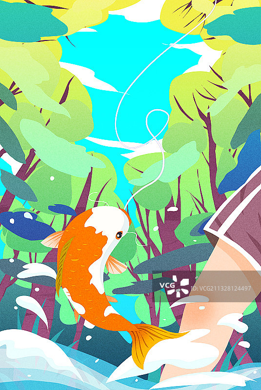 夏天小河里钓鱼儿童插画图片素材