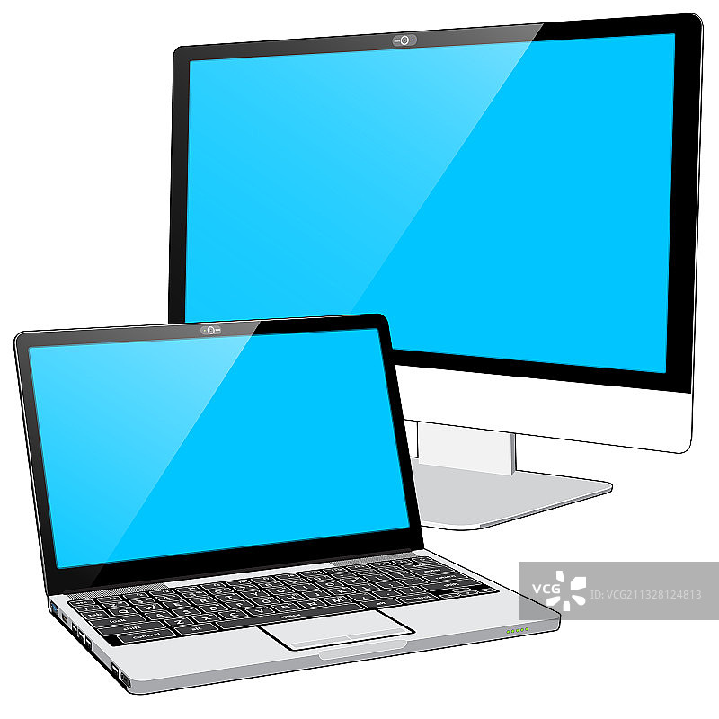 笔记本电脑和显示器-蓝色空白屏幕图片素材