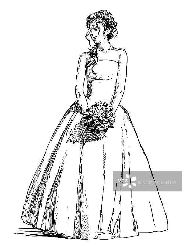 穿婚纱的年轻女子素描图片素材